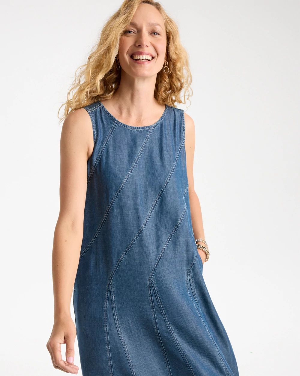 Denim Godet Sleeveless Dress click to view larger image.