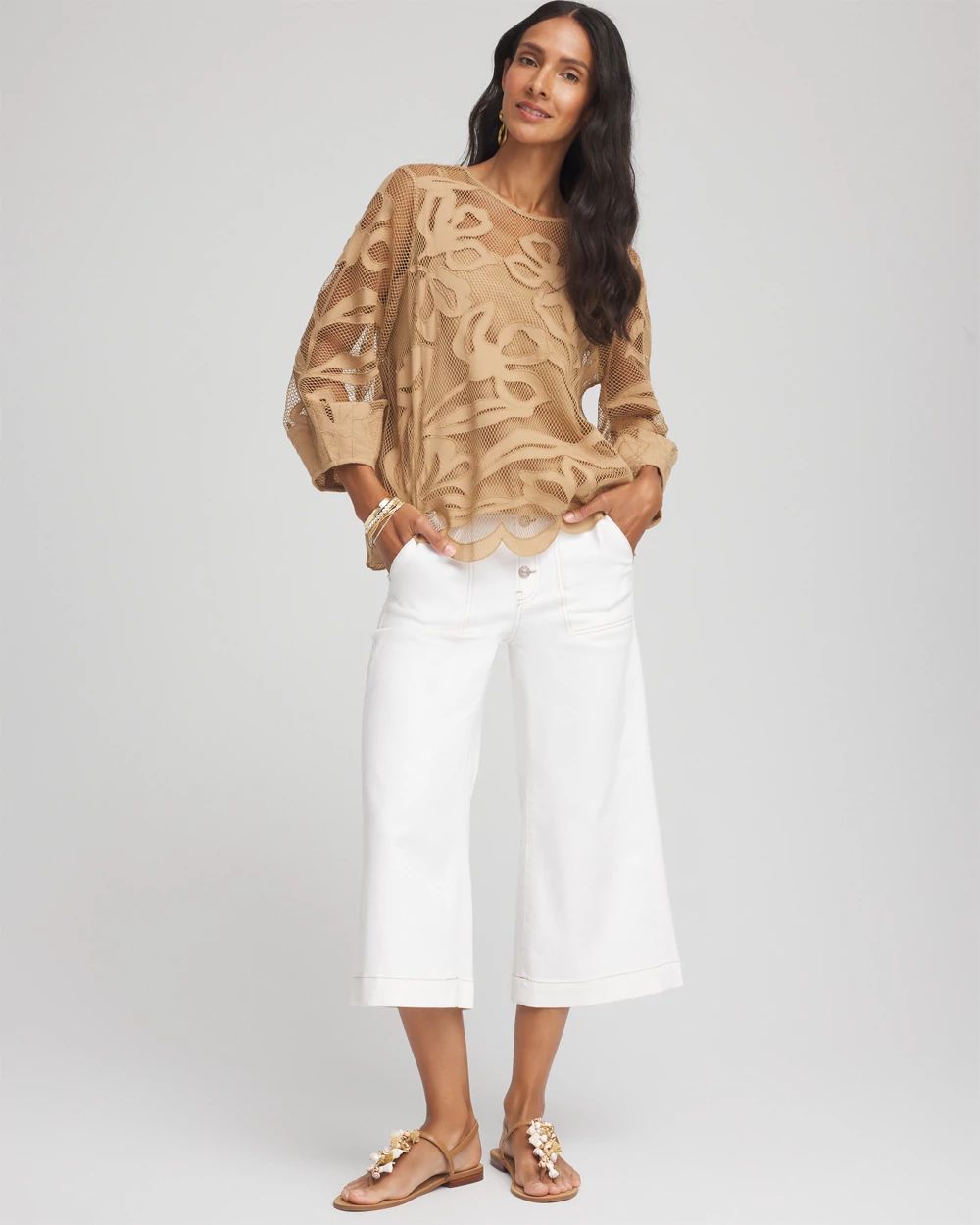 Floral-Motif Mesh 3/4 Sleeve Top