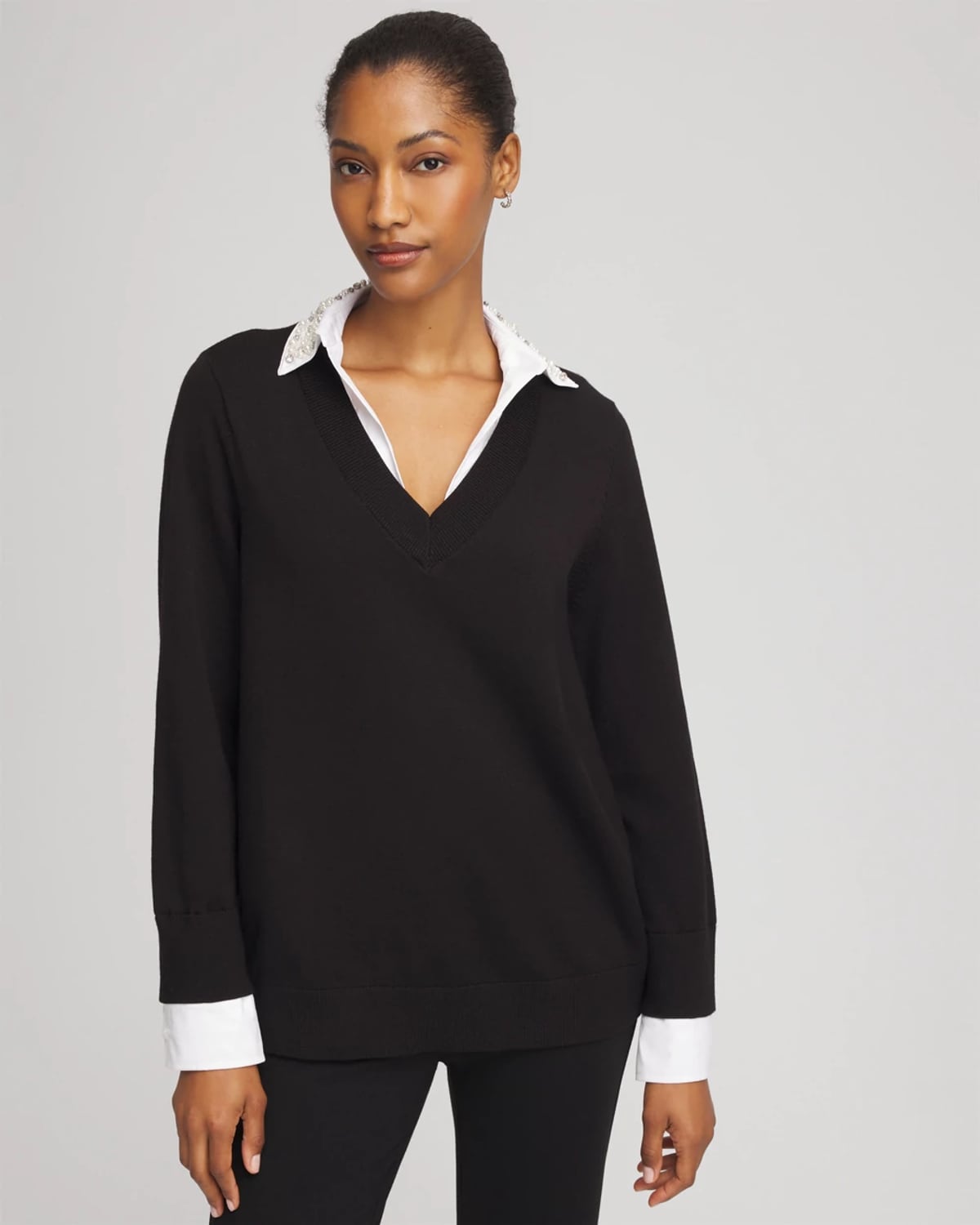 Chico's Embellished Layered Collar Shirt Sweater In Black