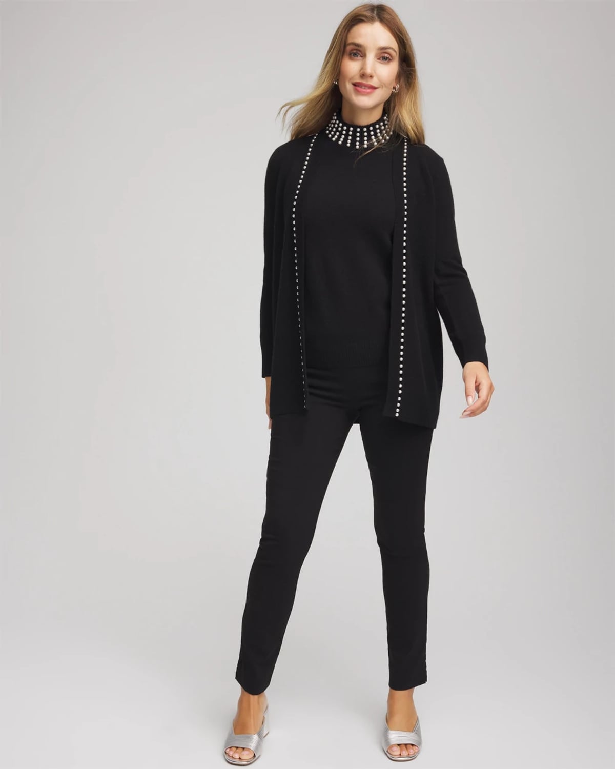 Chico's Cashmere Pearl-trim Cardigan Sweater In Black In Black