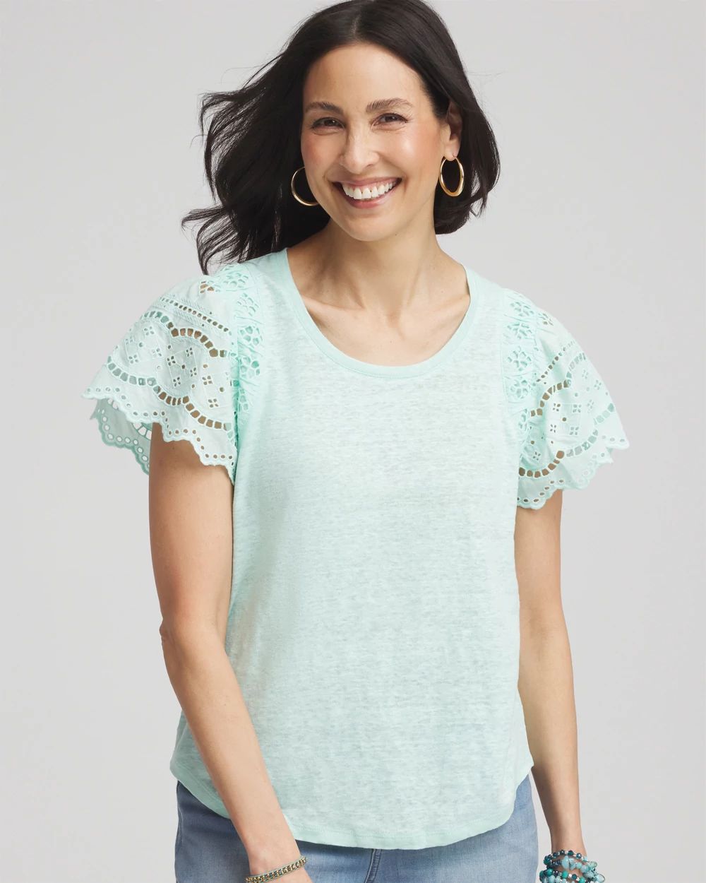 Linen Embroidered Flutter-Sleeved Tee