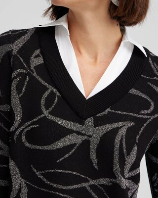 Knit Woven Ribbon Print Pullover Sweater