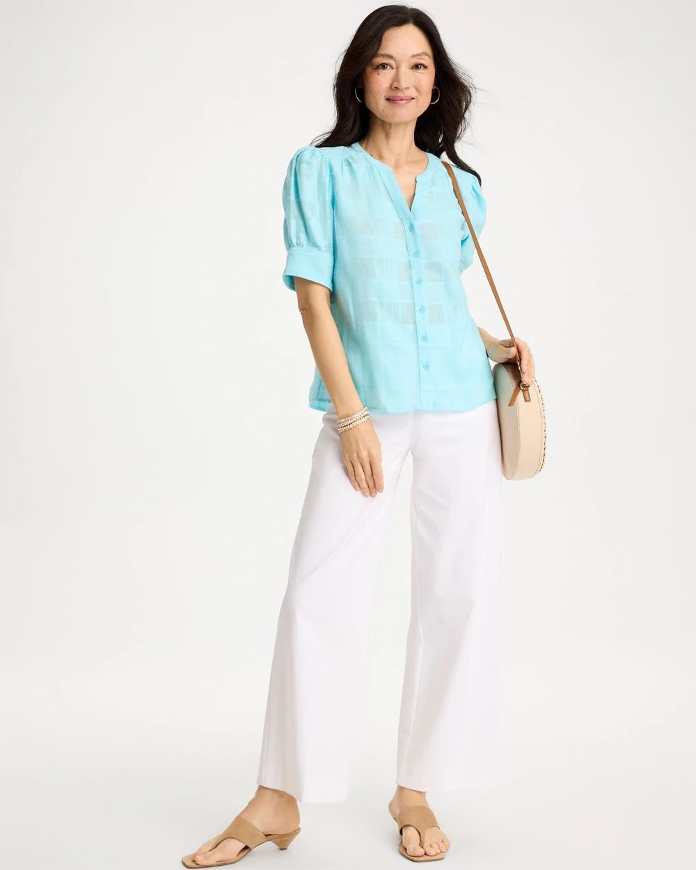 Cotton Plaid Elbow-Sleeve Shirt