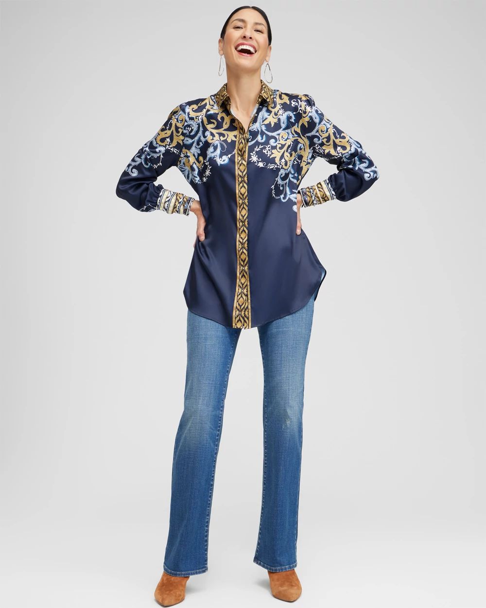 Ruched Cuff Placed Print Tunic