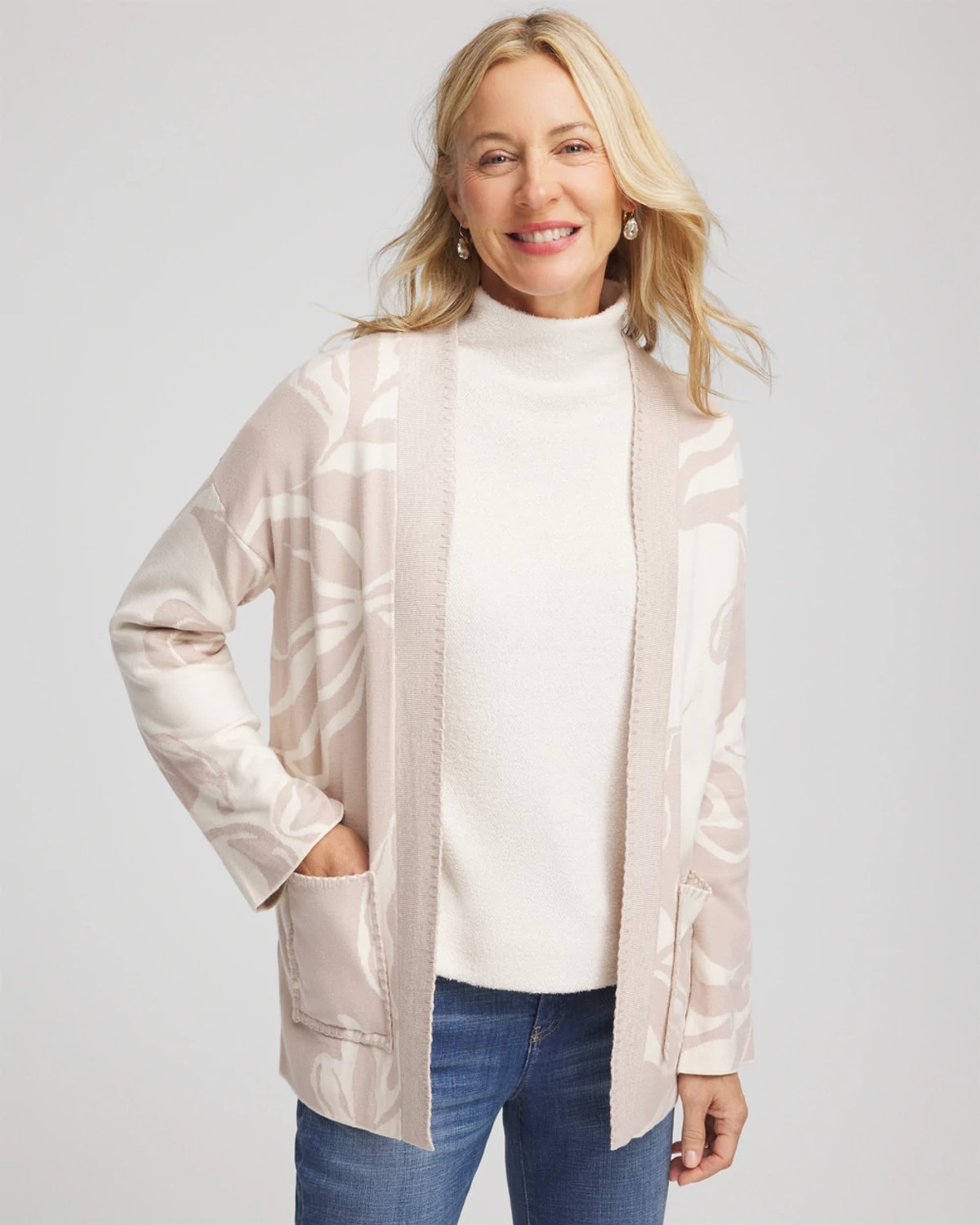 Chico's Abstract Bloom Cardigan Sweater In Cream
