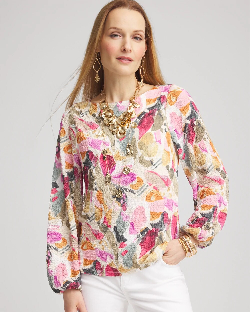 Jacquard Smocked Boatneck Top
