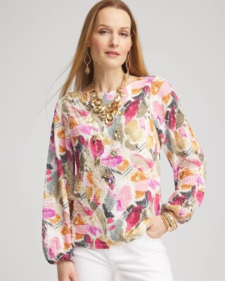 Jacquard Smocked Boatneck Top
