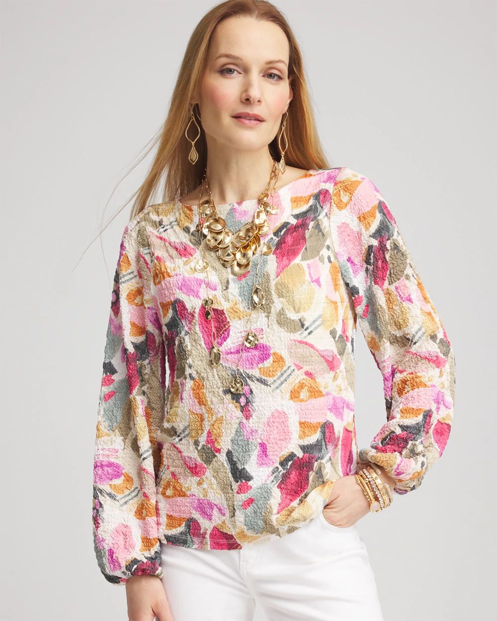 Jacquard Smocked Boatneck Top