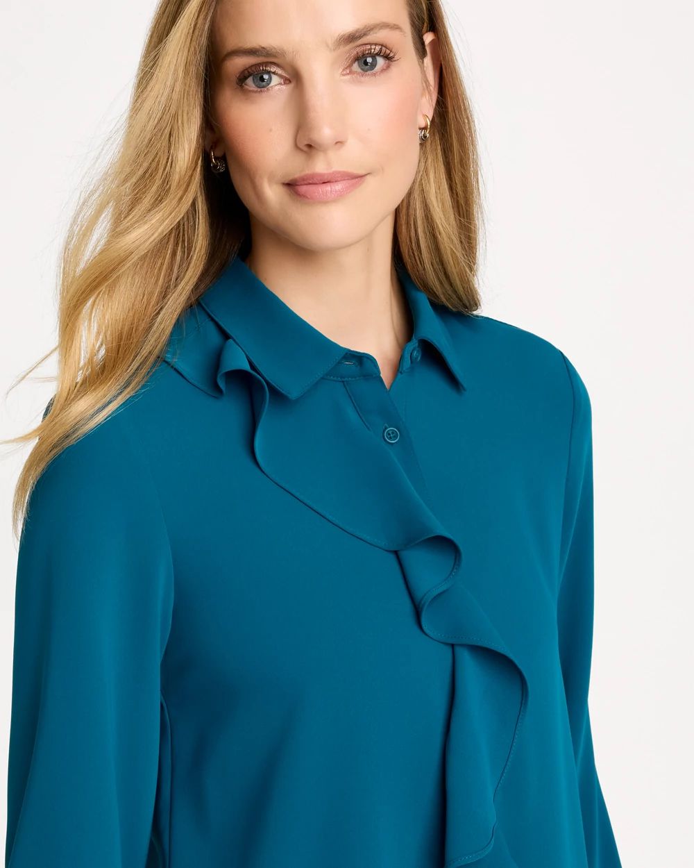 Matte Satin Ruffled Button-Down Blouse click to view larger image.