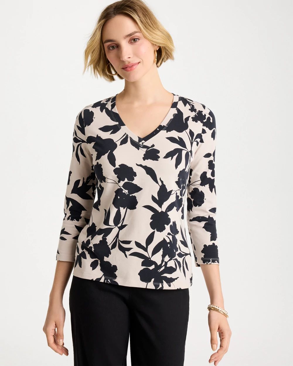 Cotton Stretch 3/4 Sleeve Floral Tee
