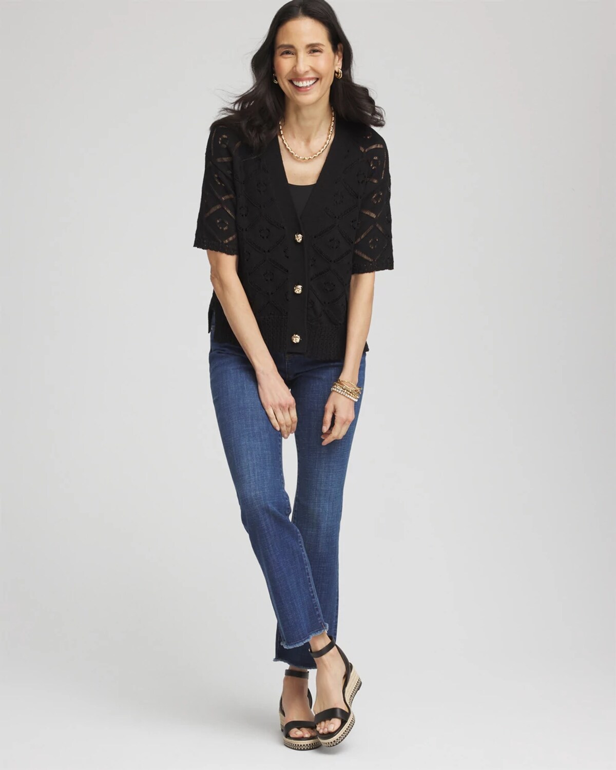Chico's Short Button-down Cardigan Sweater In Black In Black