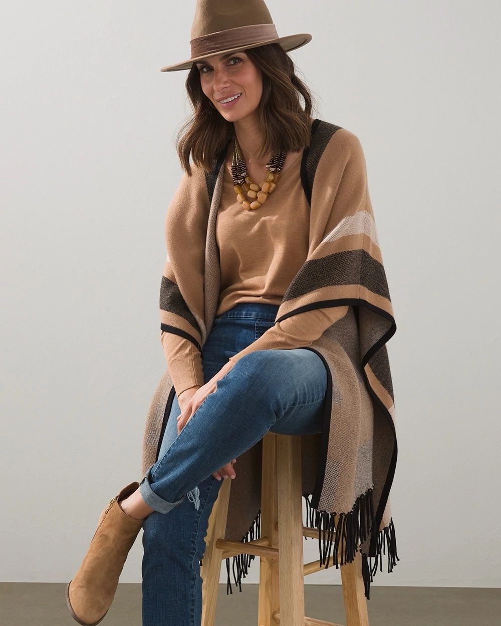 Jacquard Plaid Fringed Ruana Wrap