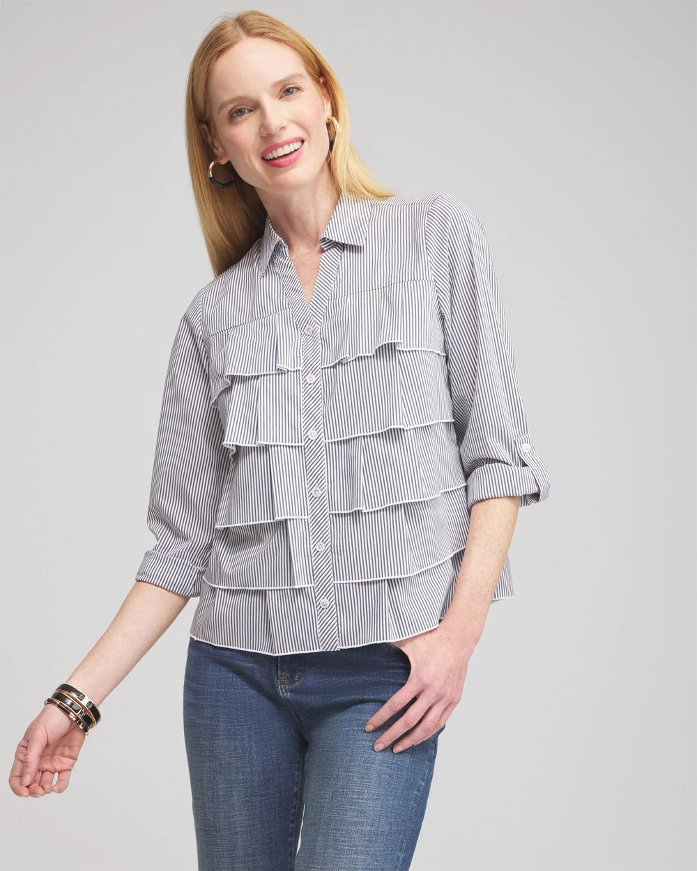 Poplin Stripe Ruffle Shirt
