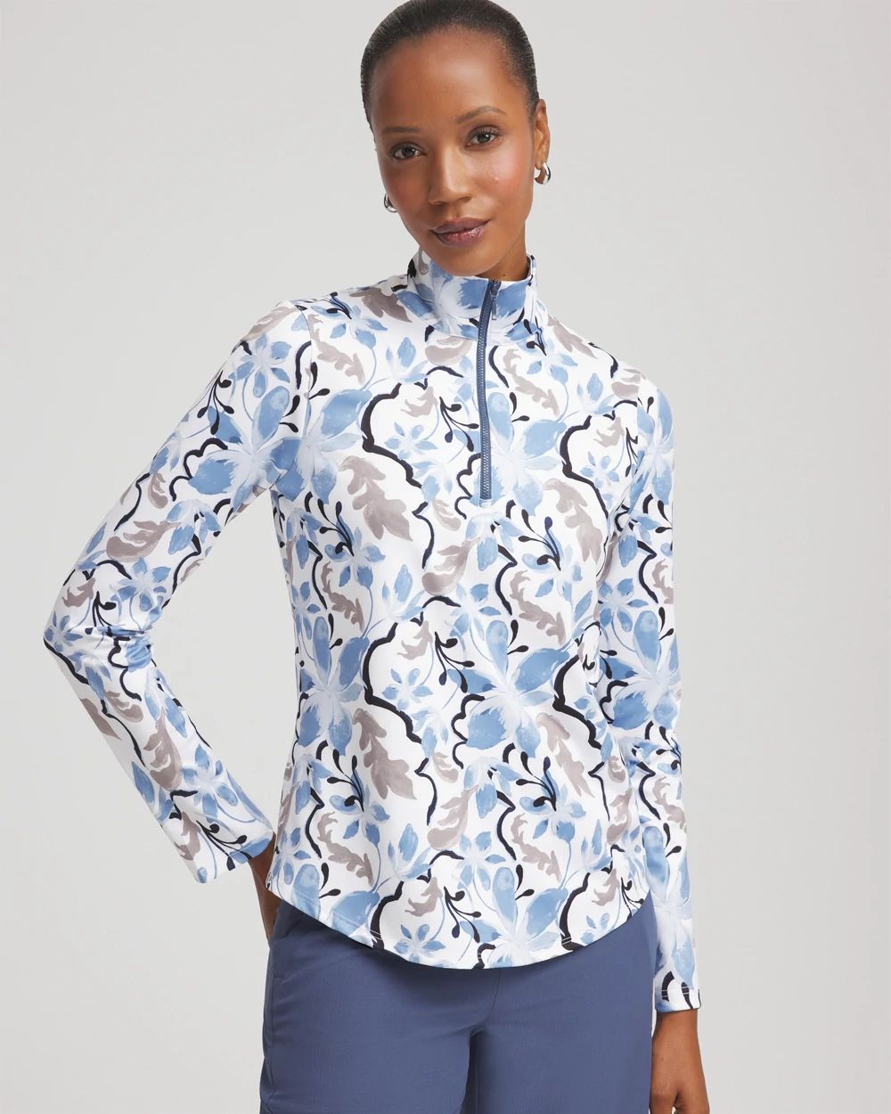 Zenergy® UPF Floral Half-Zip Mockneck Top