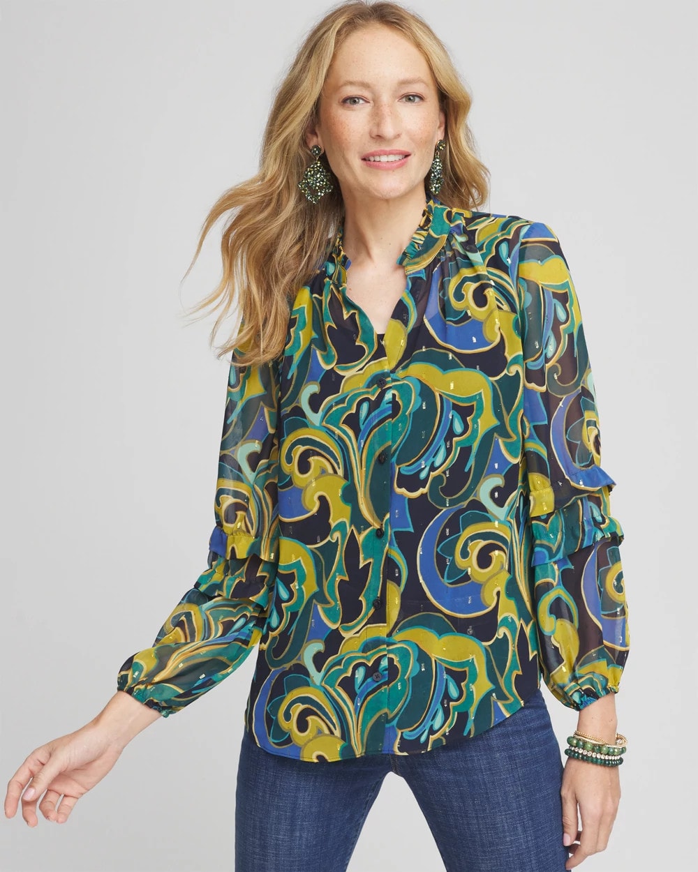 Chiffon Clip Dot Swirl Print Blouse