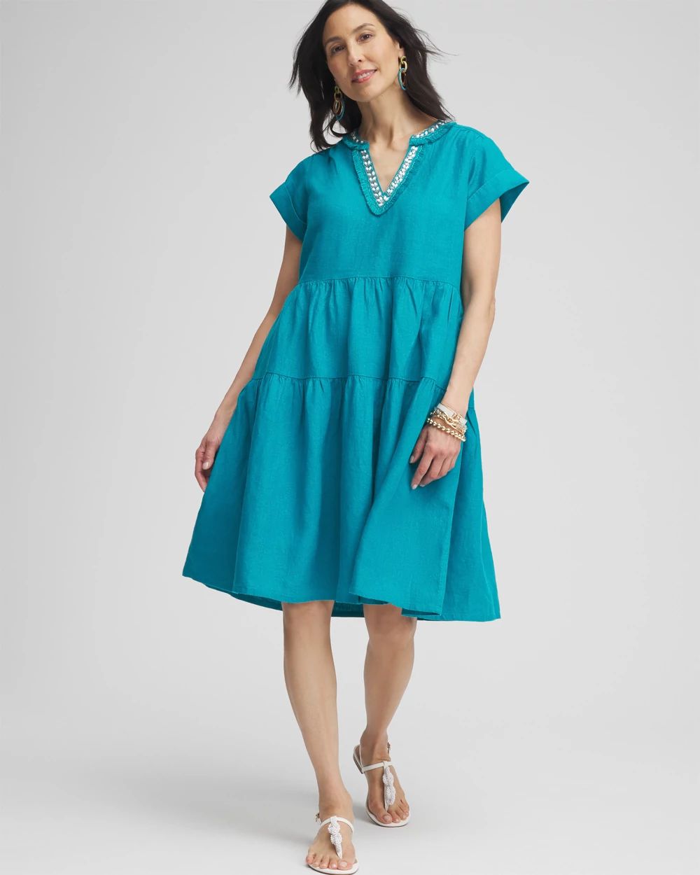 Linen Embellished Cap Sleeve Dress