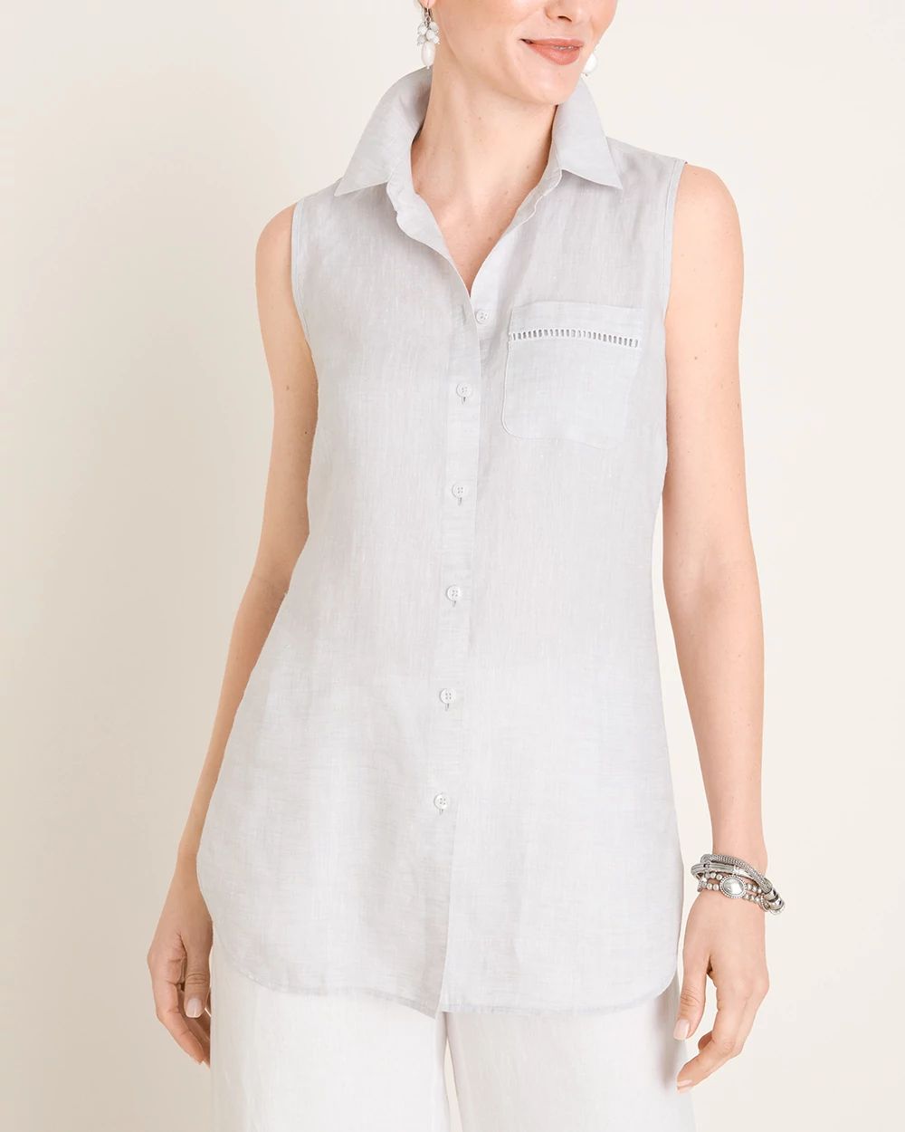 No-Iron Linen Sleeveless Buttondown Tunic