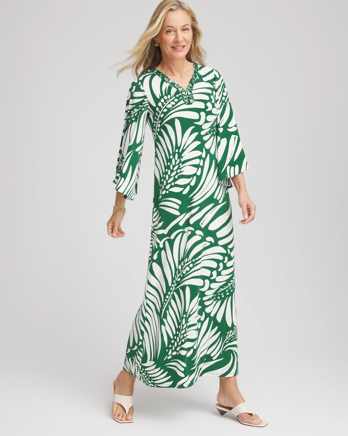 Chico's Palm-front-motif Beaded Knit Maxi Dress In Palm Leaf In Green