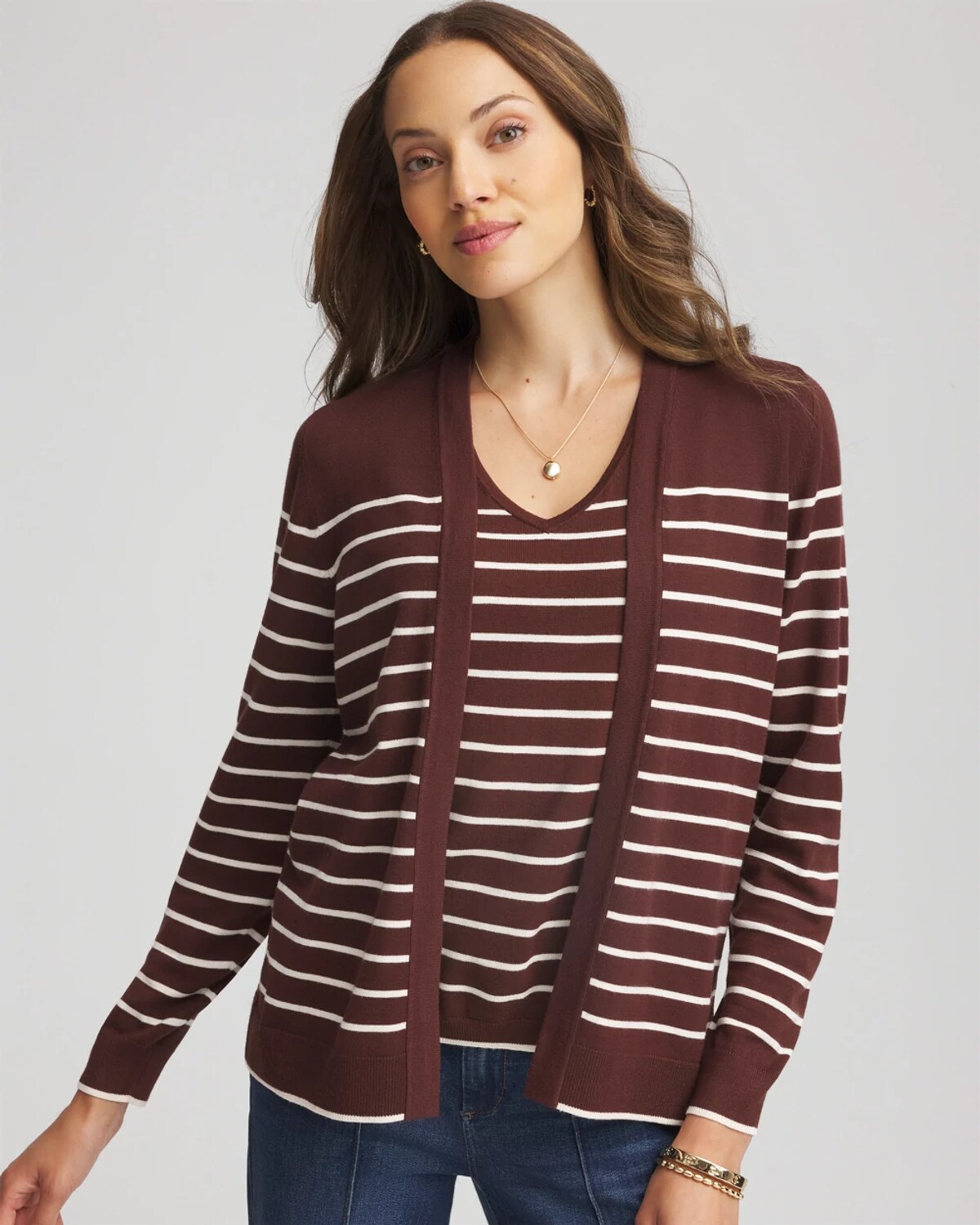 Chico's Ella Striped Long-sleeve Cardigan Sweater In Cacao In Brown