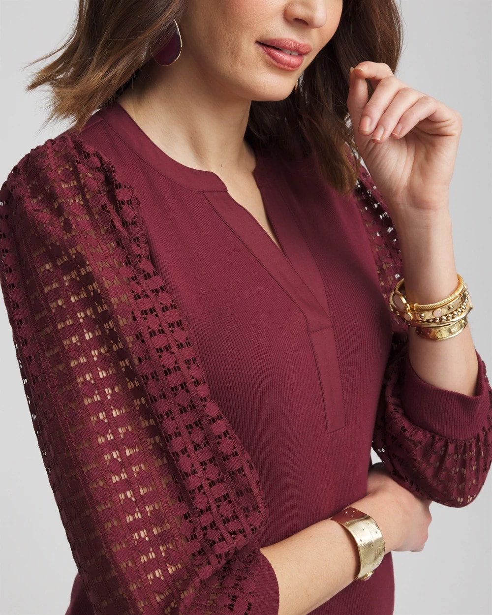 Split Neck Lace Sleeve Top