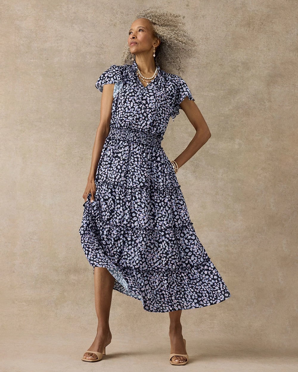 Crepe Smocked Flutter-Sleeve Dress