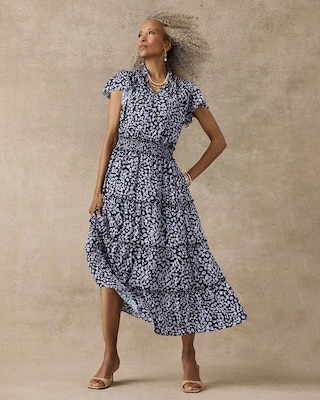 Crepe Smocked Flutter-Sleeve Dress