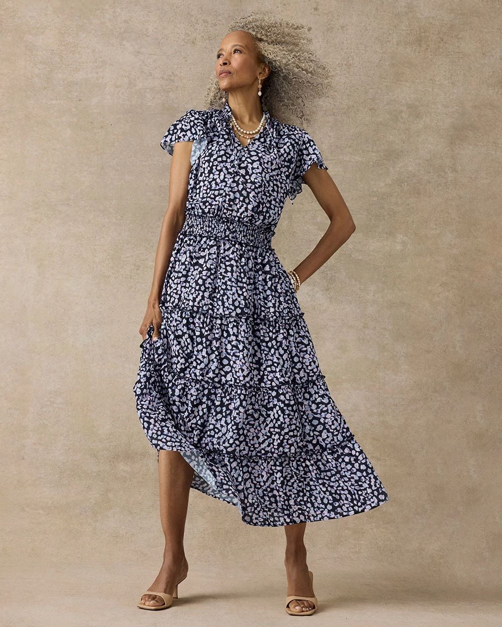 Crepe Smocked Flutter-Sleeve Dress