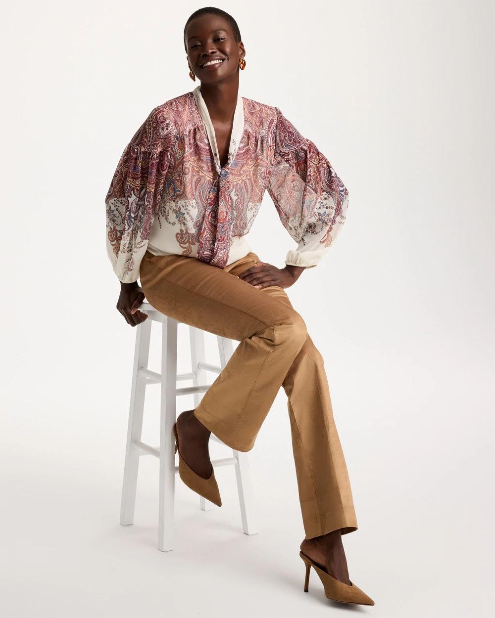 Paisley Chiffon Tie-Neck Pullover click to view larger image.