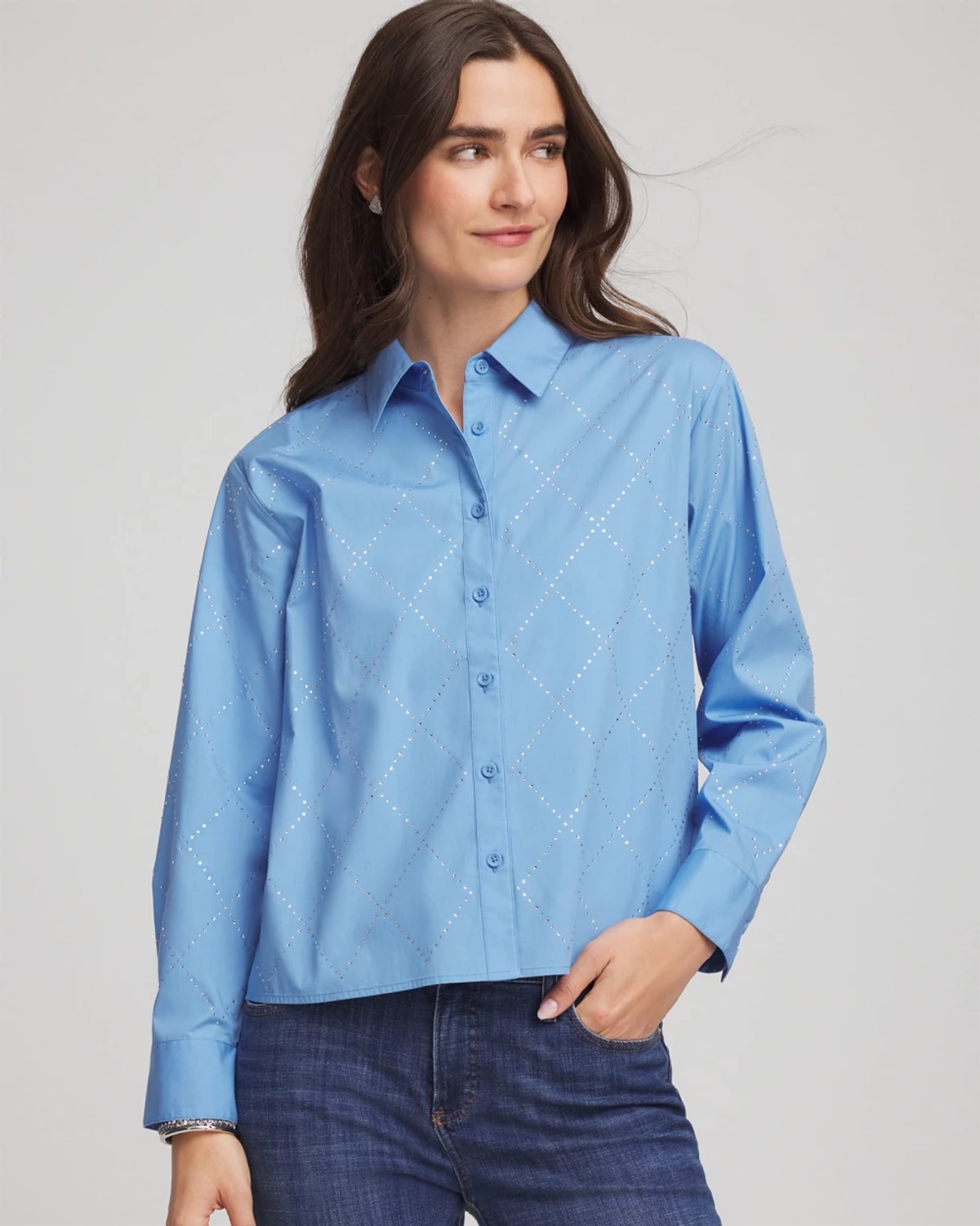 Chico's Embellished Stretch Cotton Collared Shirt In Tidal Blue