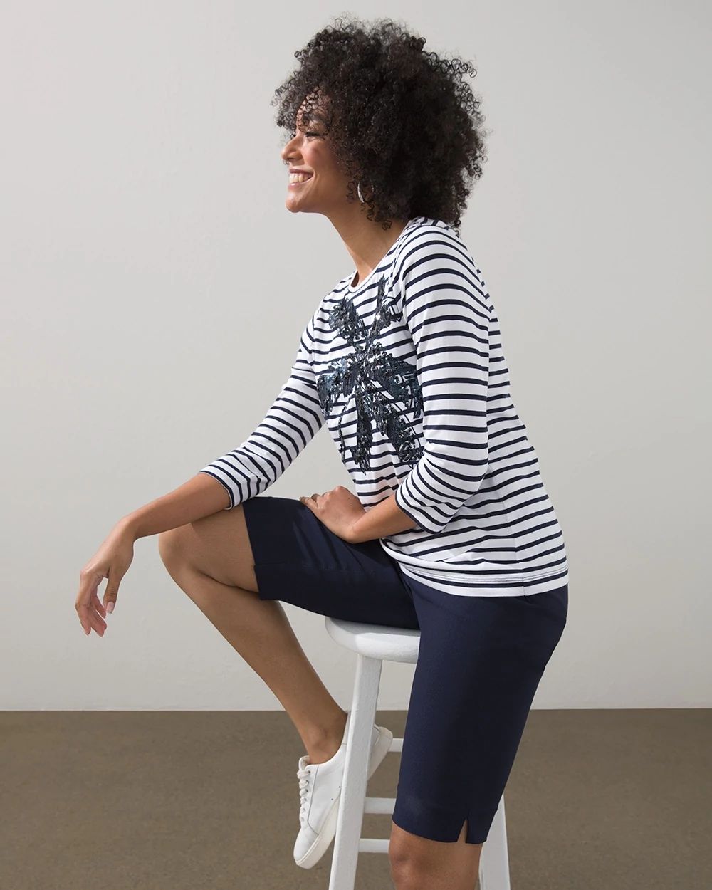 Sequin Palm Stripe Knit Tee