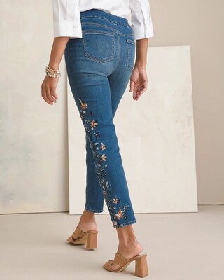 Embroidered Denim Pull-On Ankle Jeggings