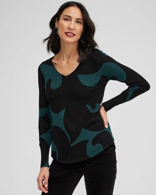 Green Scrolls V-neck Pullover Sweater