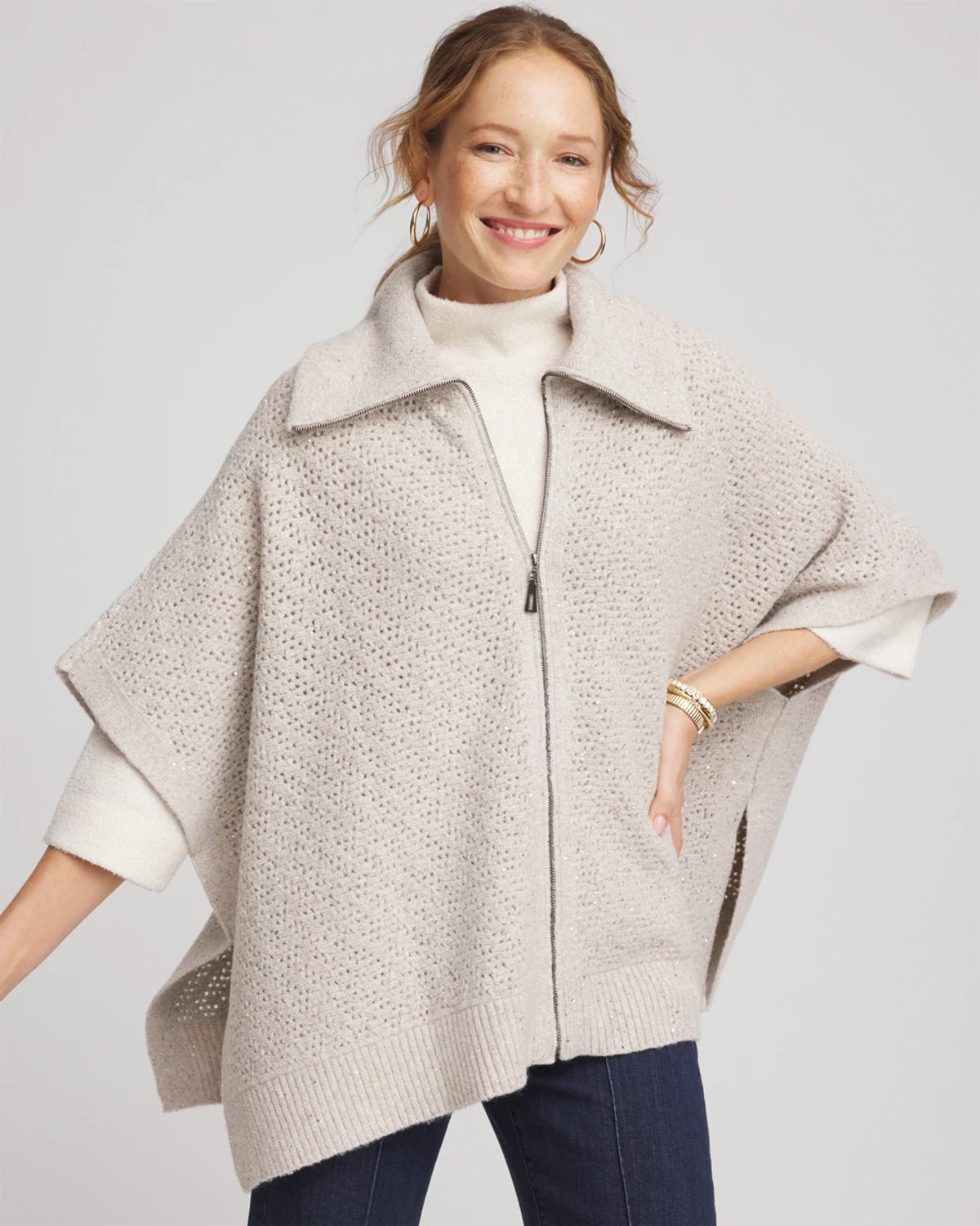 Chico's Zip-front Collared Ruana In Neutral In Neutral