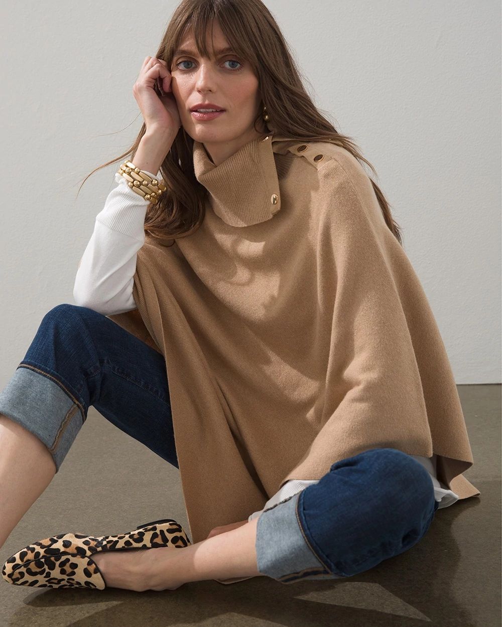Suede Trim Snap Sweater Poncho