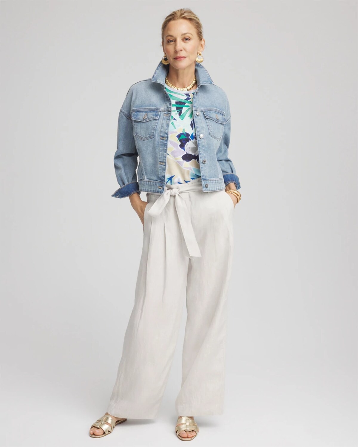Chico's Hollywood Waist Belted Linen Pants In Denim In Gray
