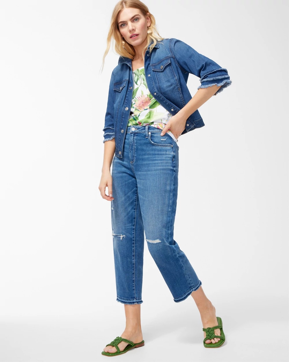 High Rise Distressed Straight Crops