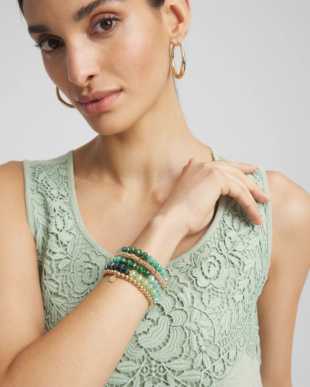 Green & Gold Stretch Set of Five Bracelets click to view larger image.