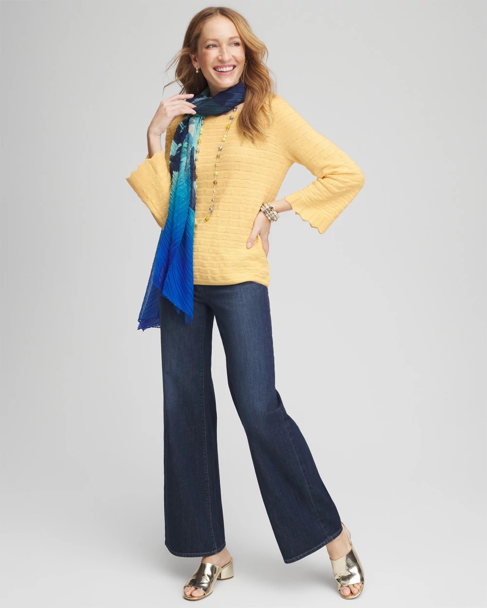 Pointelle Scalloped Hem Flare Sleeve Pullover