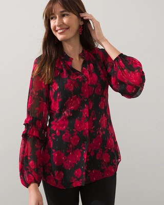 Lurex Ikat Jacquard Ruffle Blouse