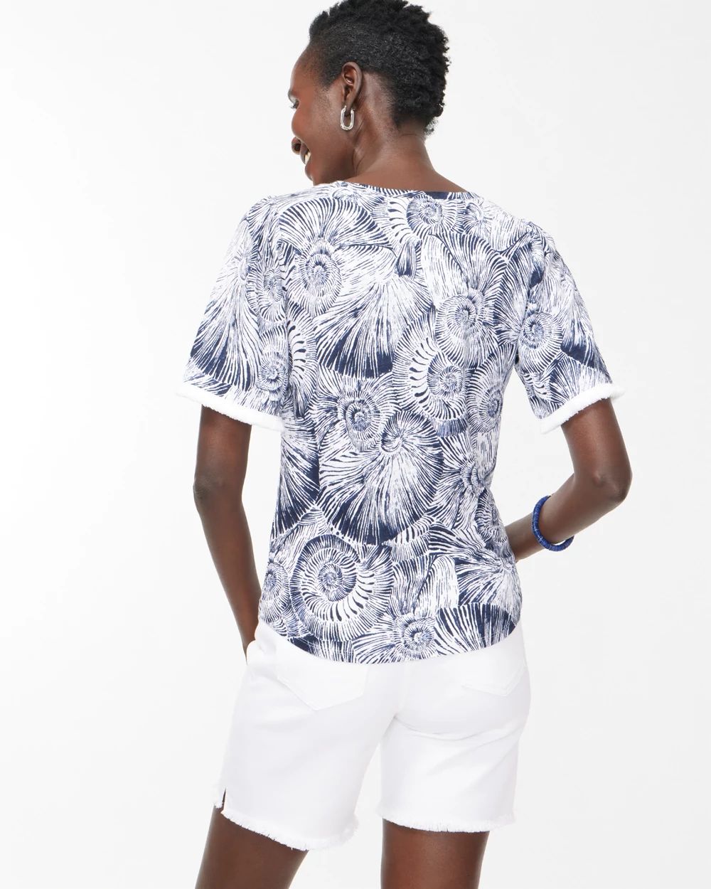 Linen Fringe Sleeve Shell Print Tee