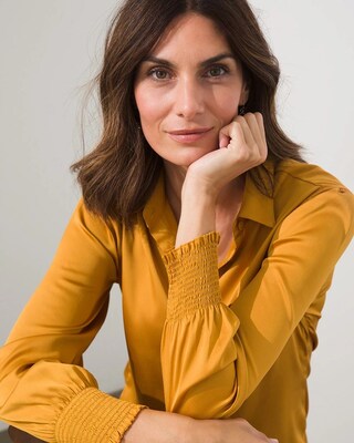Satin Smocked-Cuff Blouse