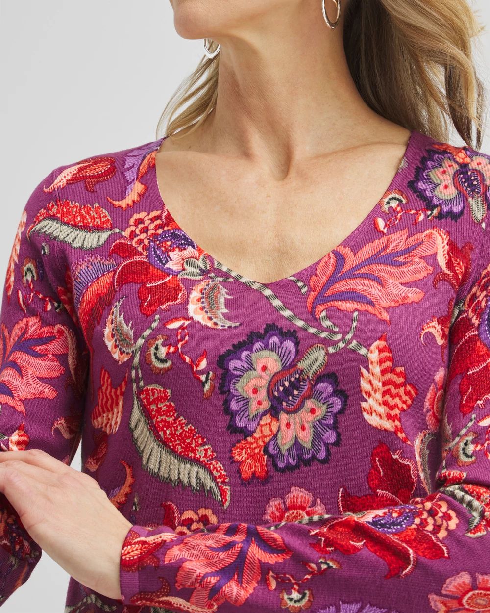 Spun Rayon Floral V-neck Pullover