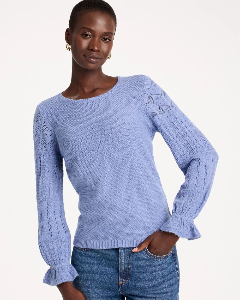 Pointelle Crochet-Lace Sleeve Pullover