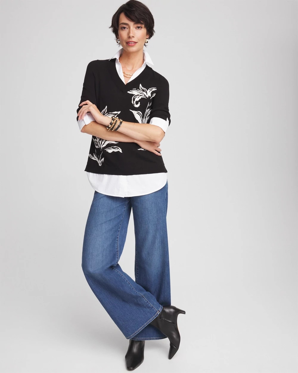 Lily Print Built-In Shirt Knit Sweater