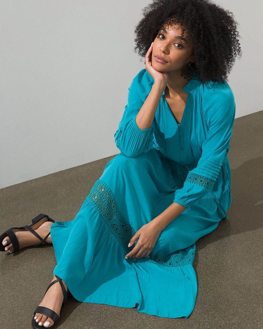 Crochet Detail Ruffle Maxi Dress
