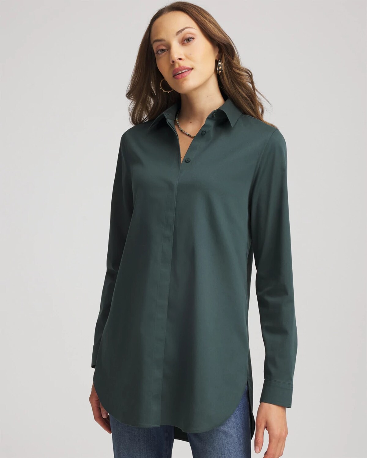 Chico's No Iron Long-sleeved Tunic In Darkest Spruce In Green
