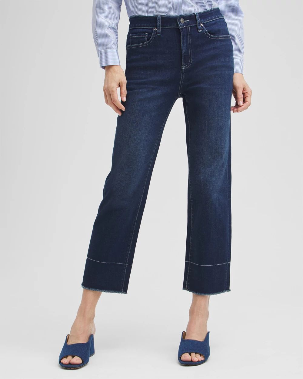 High Rise Fray Hem Straight Cropped Jeans