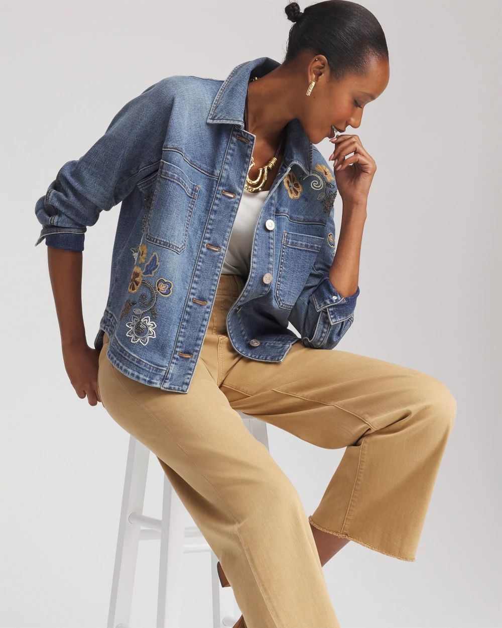 Embroidered Cropped Denim Jacket