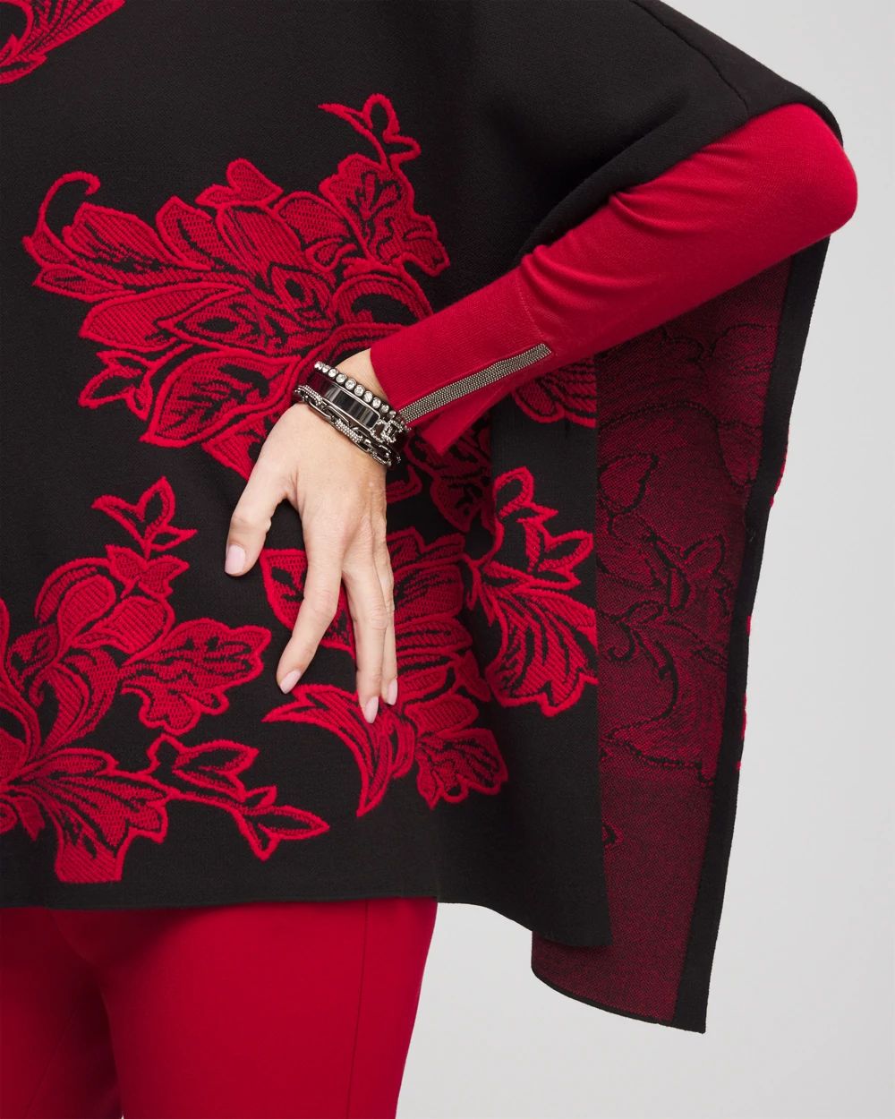 Jacquard Embroidered Mock Neck Poncho