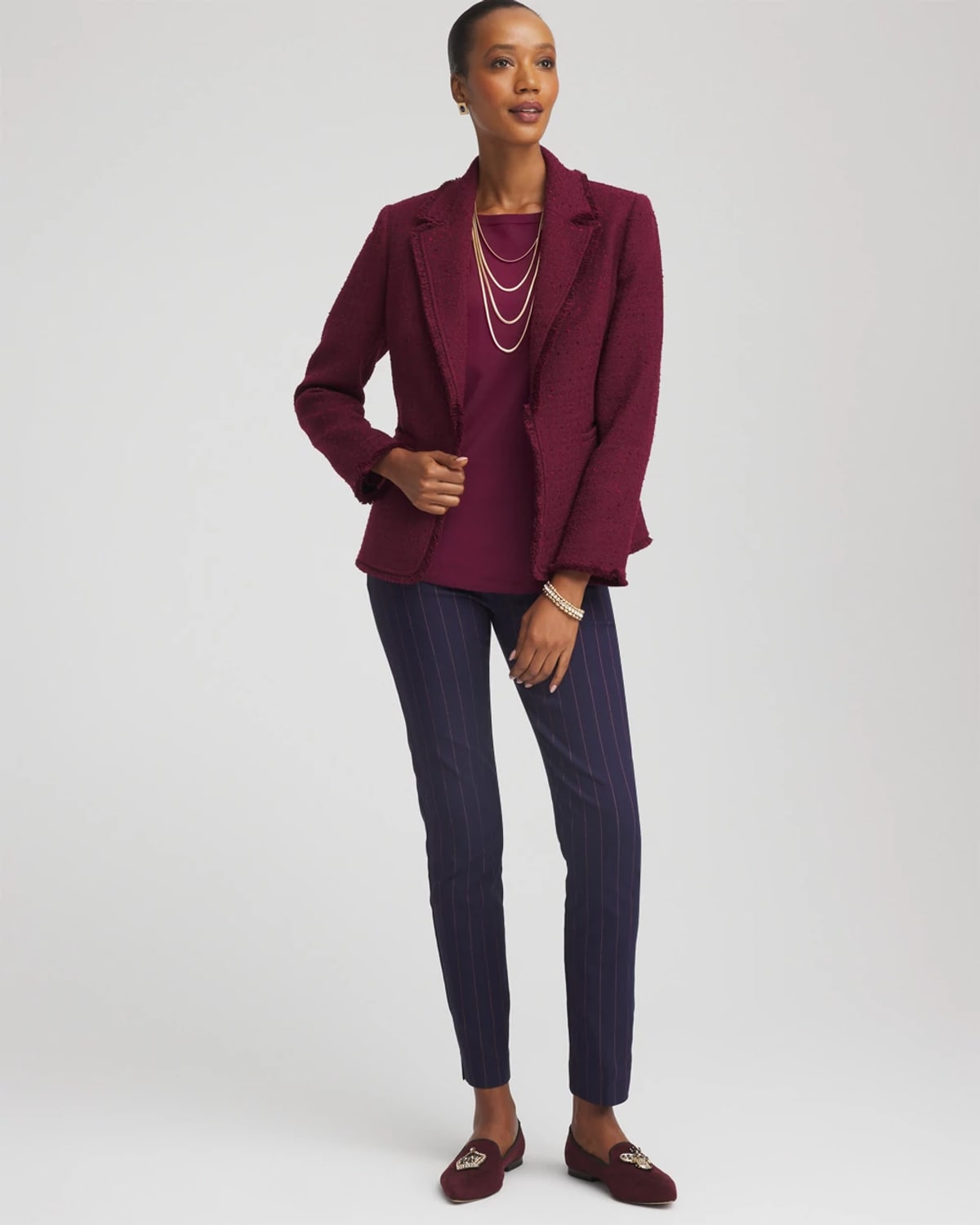 Chico's Tweed Fringe Blazer In Deep Chianti In Burgundy
